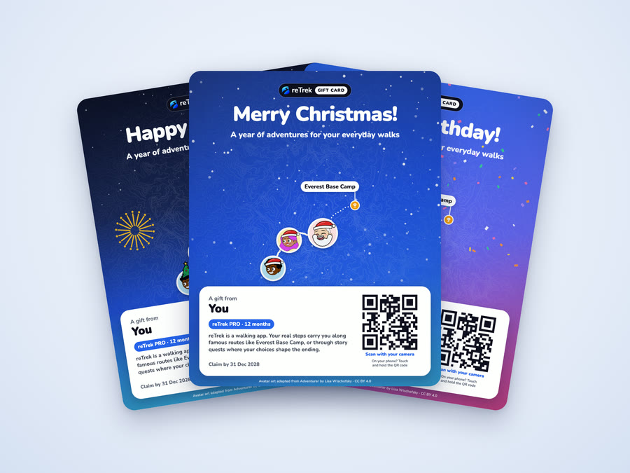 Three reTrek gift cards fanned out: Merry Christmas in front, Happy New Year and Happy Birthday behind