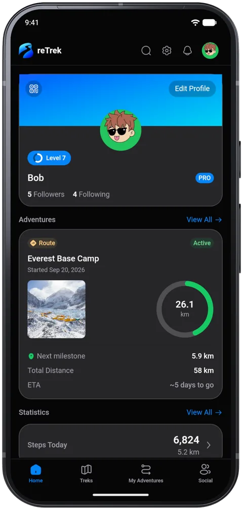 reTrek on Android: Home, with the progress card for Everest Base Camp