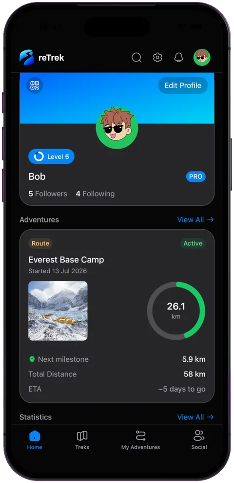 reTrek on iPhone: Home, with the progress card for Everest Base Camp