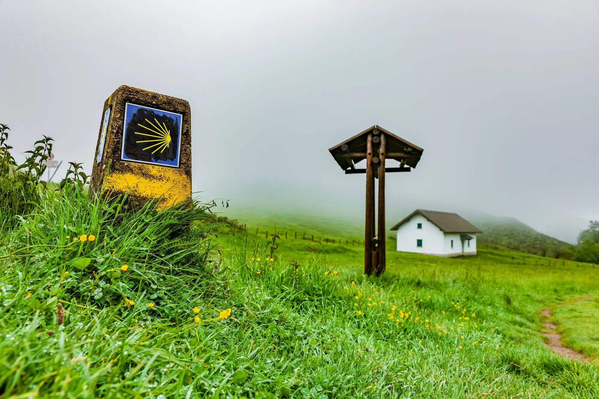 Santiago de Compostela route sign somewhere on the green field