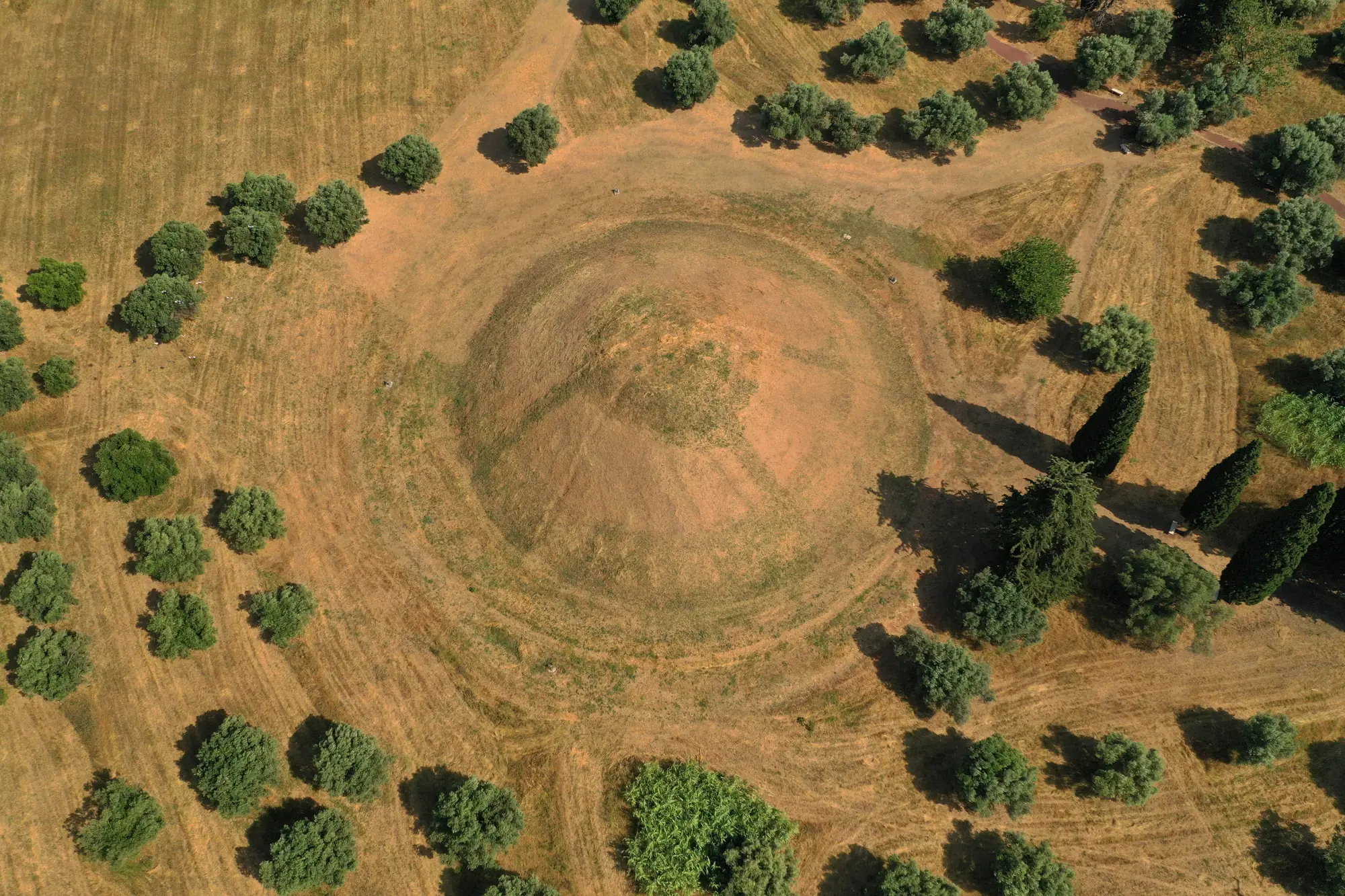 Aerial view of plain of Marathon battlefield with memorial mound